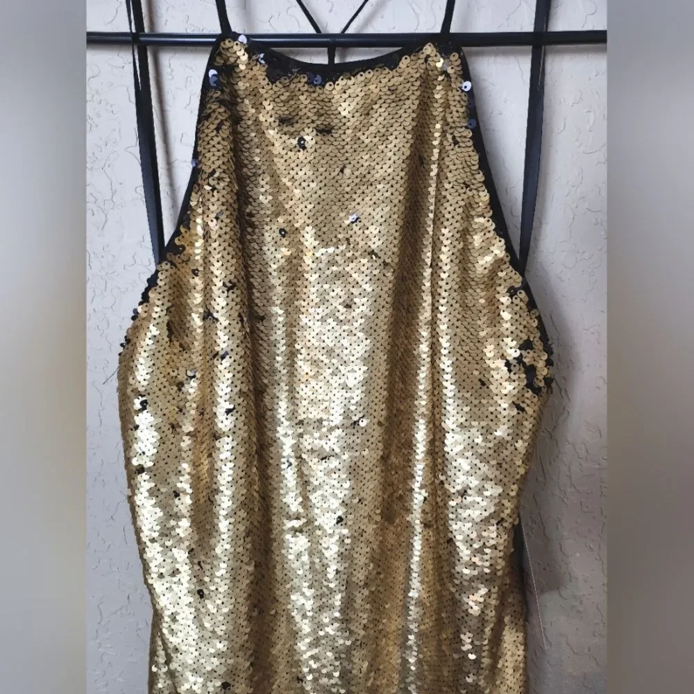 NBD x Revolve Sequin Halter Style Midi Dress Gold Size S NWT